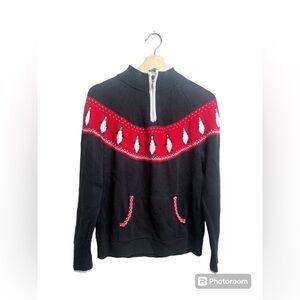 Christopher And Banks Hand Embroidered Sweater Med Penguin 1/4 Zip Holiday Knit
